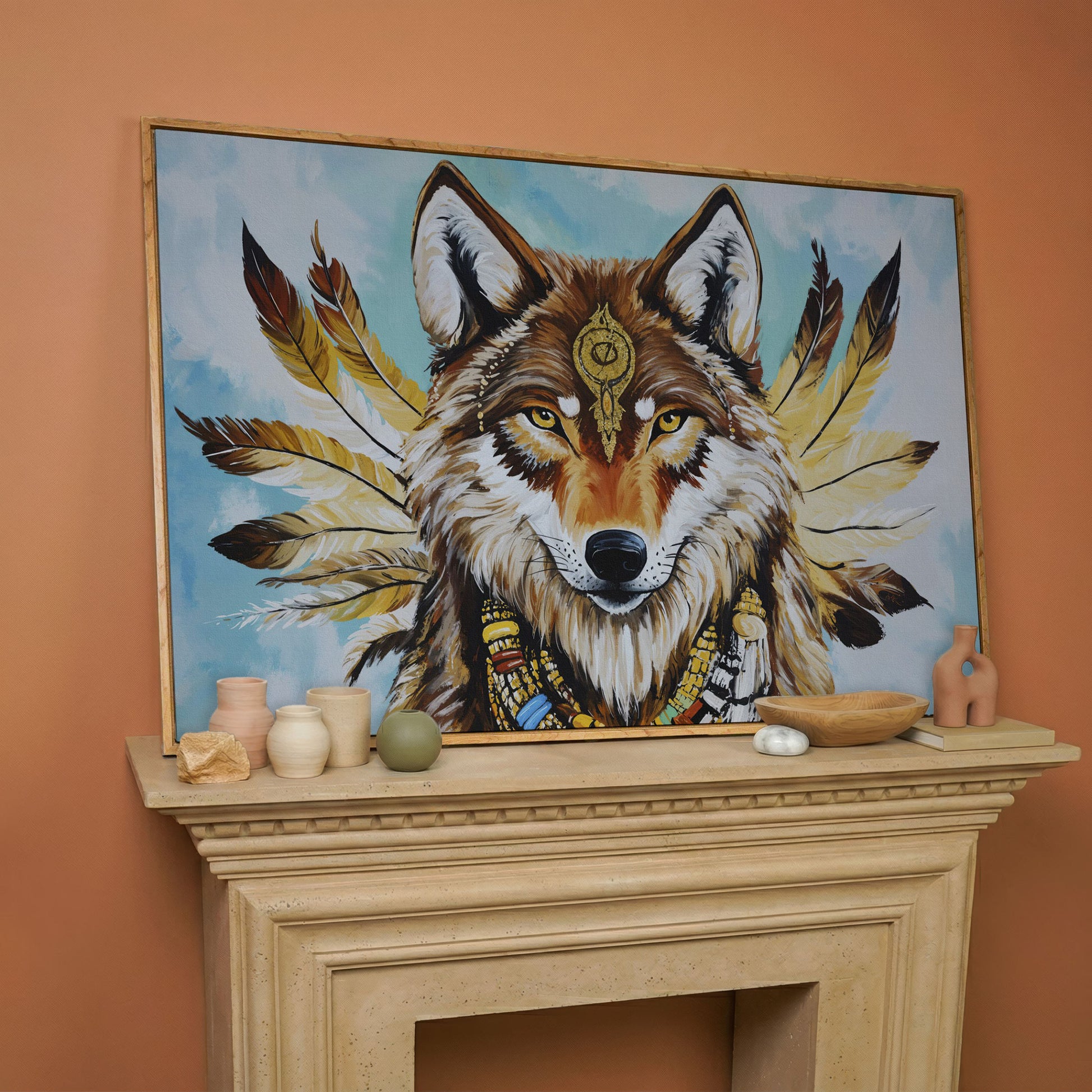Wolf Portrait with Feathers and Jewelry Canvas Wall Art in white oak floating frame