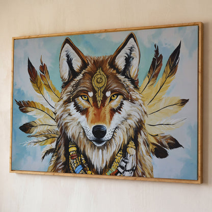 Wolf Portrait with Feathers and Jewelry Canvas Wall Art shown in white oak floating frame