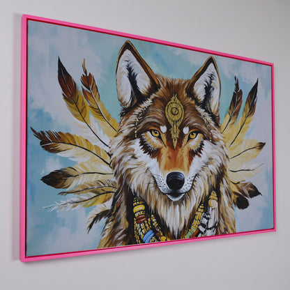 Wolf Portrait with Feathers and Jewelry Canvas Wall Art in pink floating frame