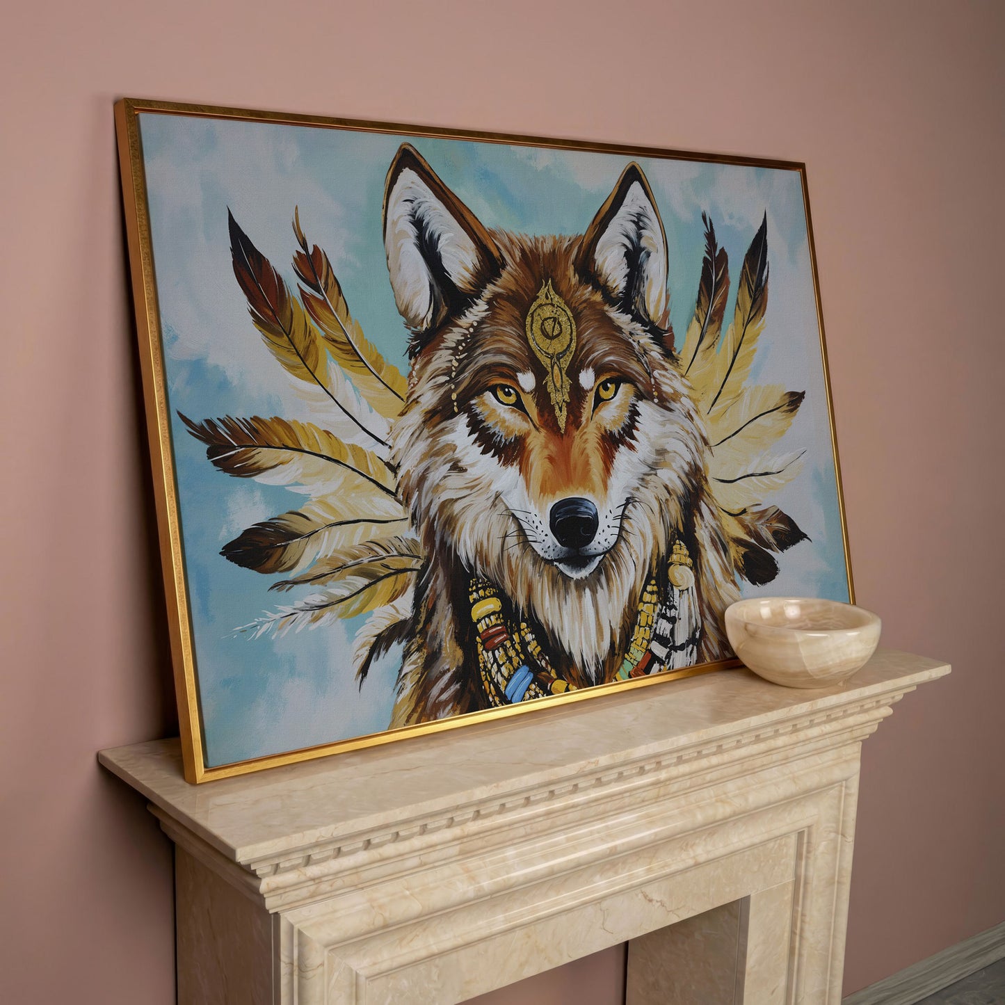 Wolf Portrait with Feathers and Jewelry Canvas Wall Art in rose gold floating frame