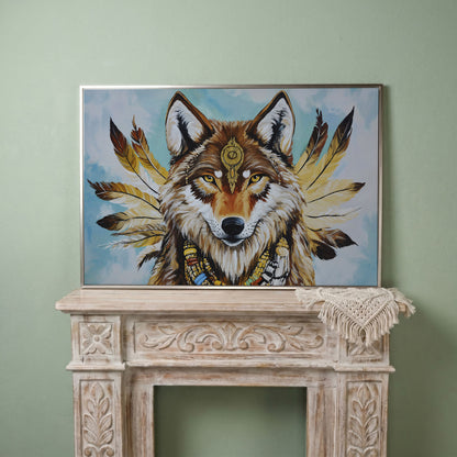 Wolf Portrait with Feathers and Jewelry Canvas Wall Art in silver floating frame