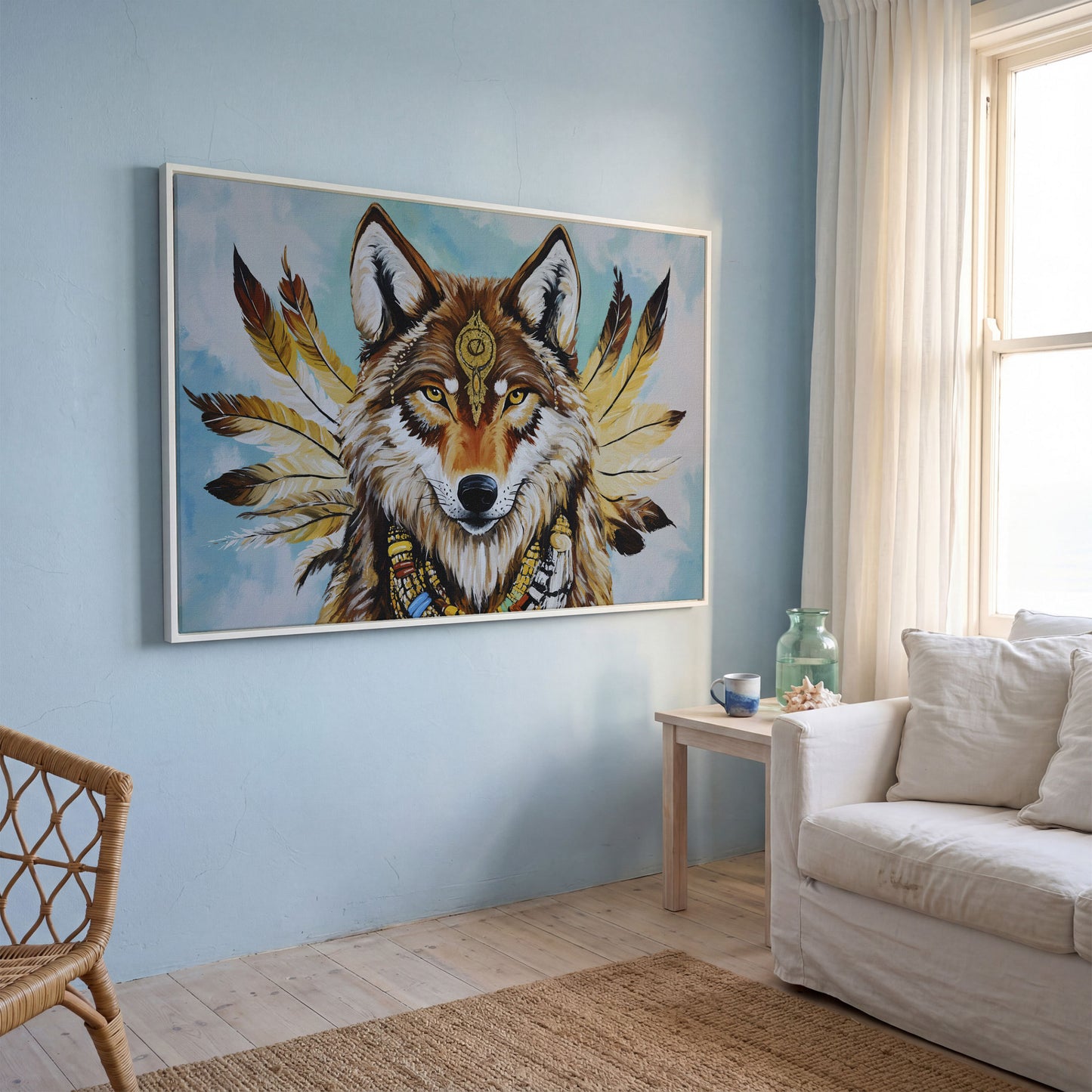 Wolf Portrait with Feathers and Jewelry Canvas Wall Art in white floating frame