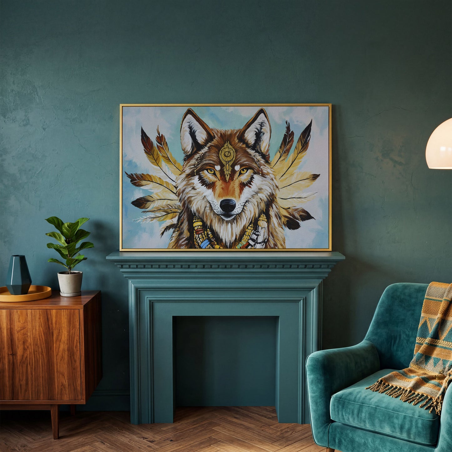 Wolf Portrait with Feathers and Jewelry Canvas Wall Art in yellow gold floating frame