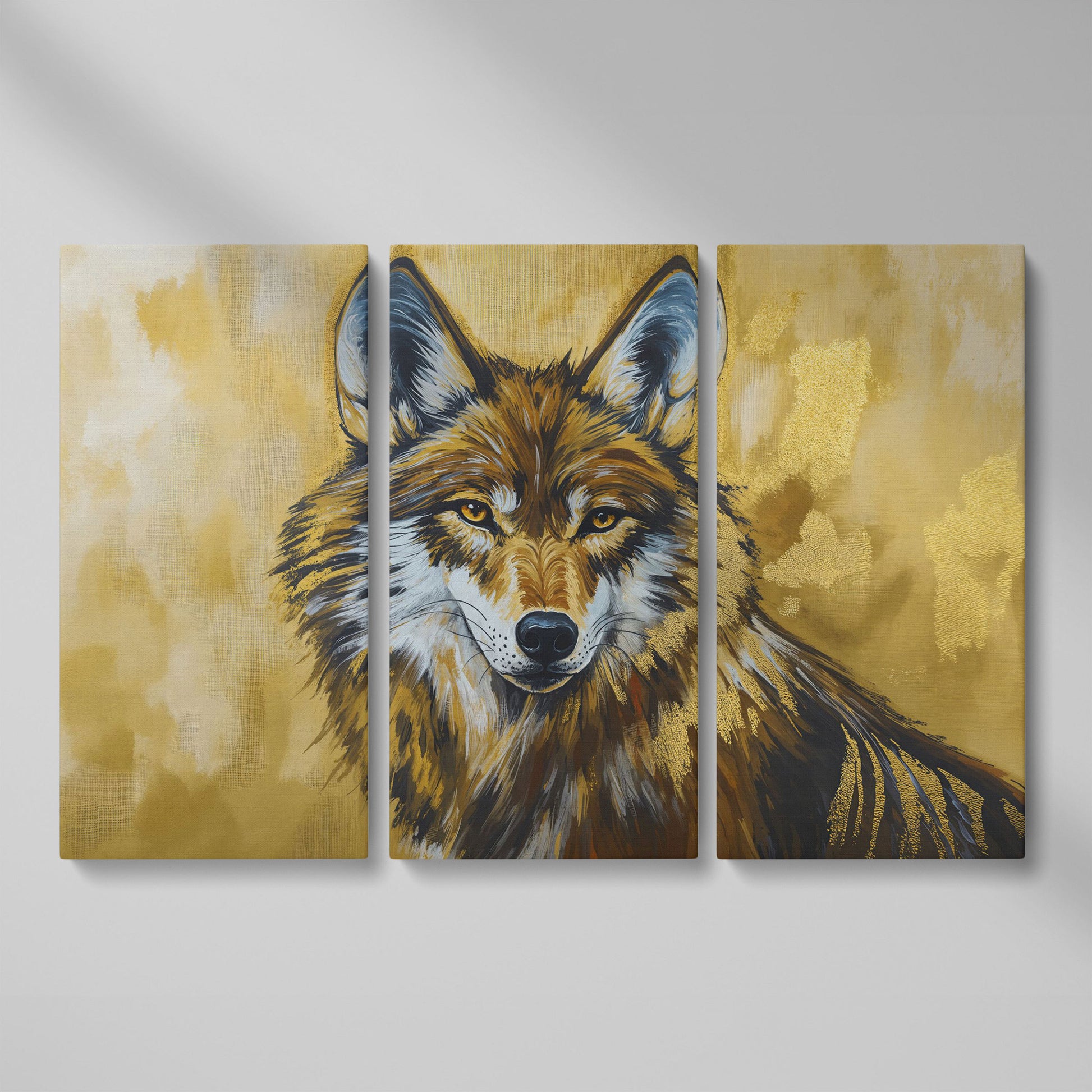 Wolf Portrait Canvas Wall Art, Large Wildlife Print for Bold Interiors as 3-panel split version