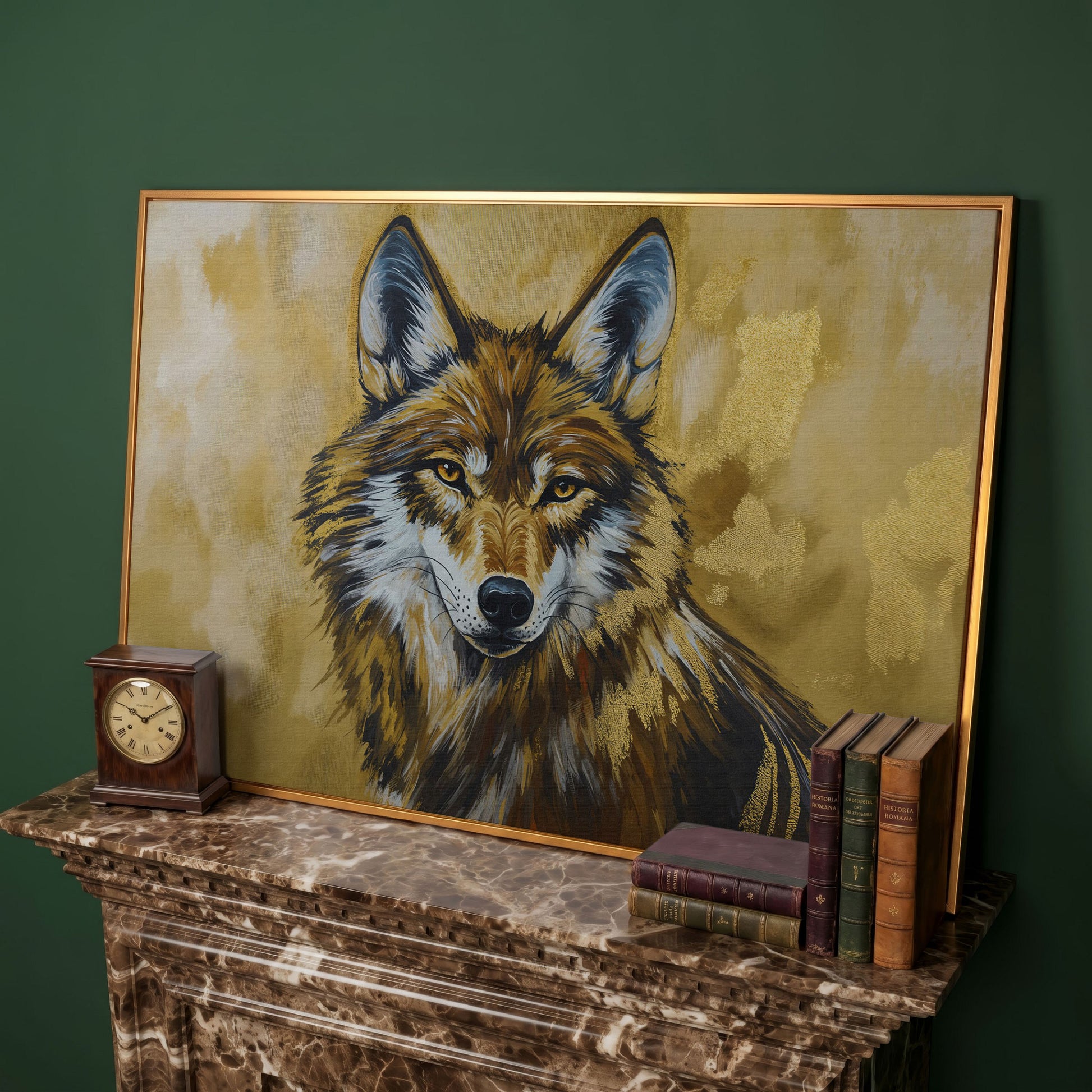 Wolf Portrait Canvas Wall Art, Large Wildlife Print for Bold Interiors in antique gold floating frame