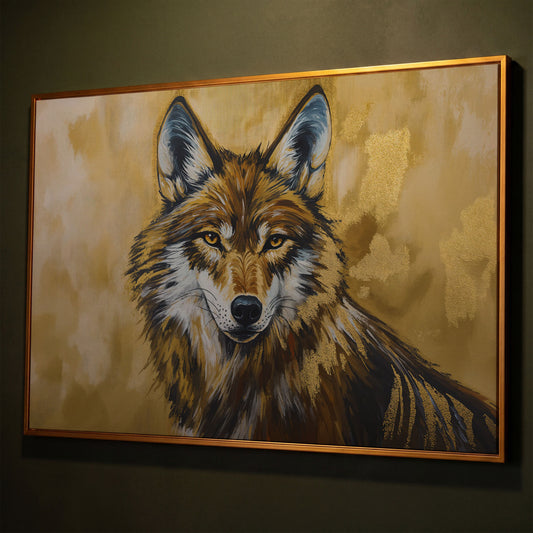 Wolf Portrait Canvas Wall Art, Large Wildlife Print for Bold Interiors shown in antique gold floating frame