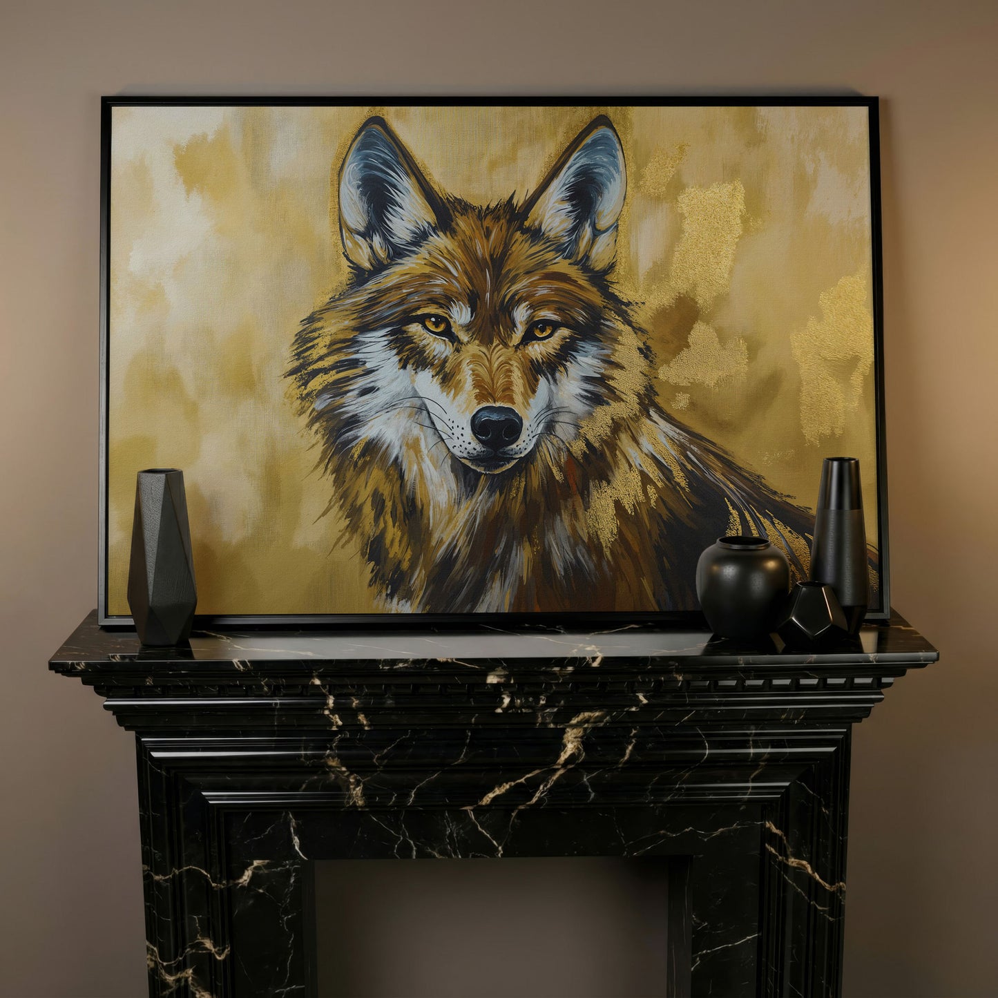 Wolf Portrait Canvas Wall Art, Large Wildlife Print for Bold Interiors in black floating frame