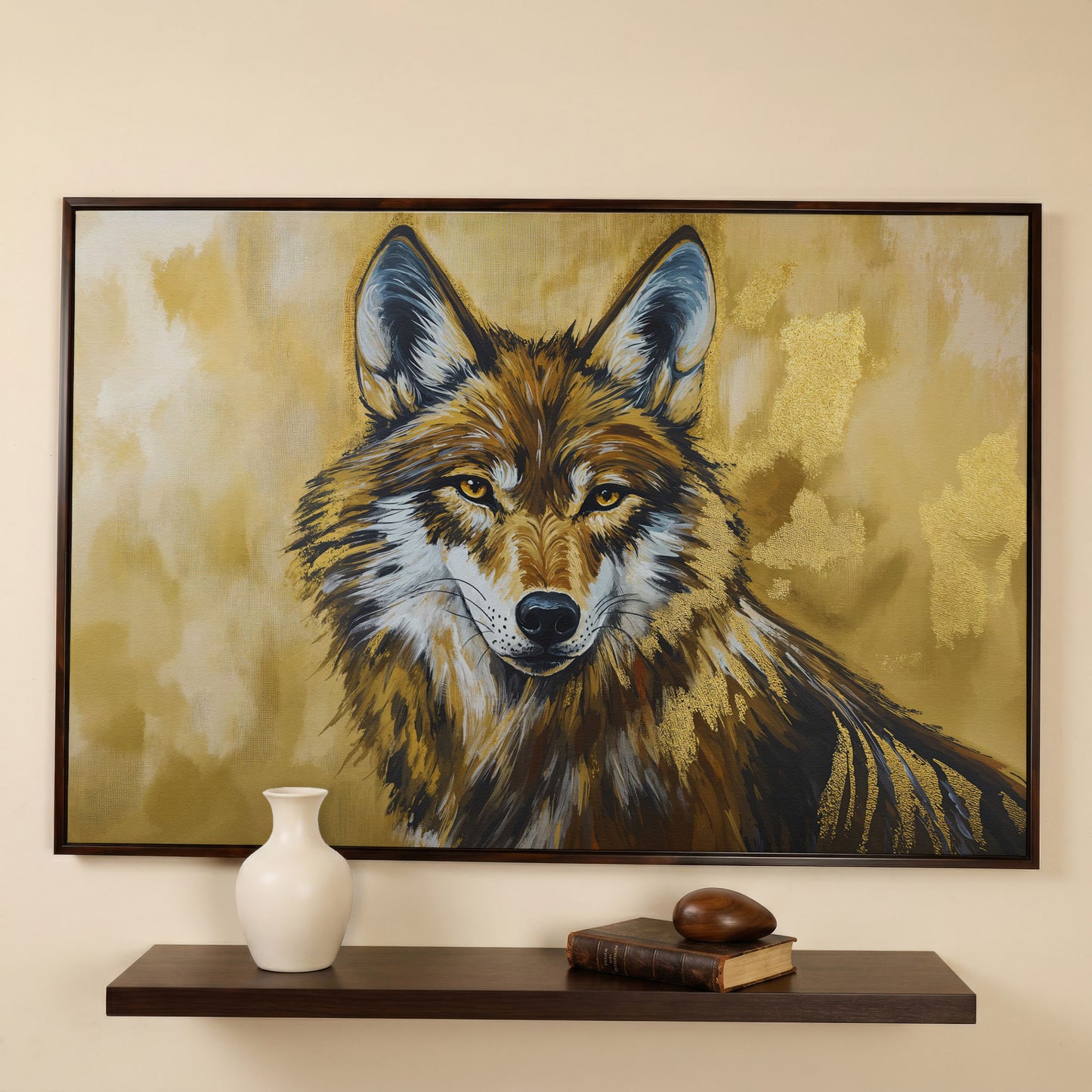 Wolf Portrait Canvas Wall Art, Large Wildlife Print for Bold Interiors in dark walnut floating frame