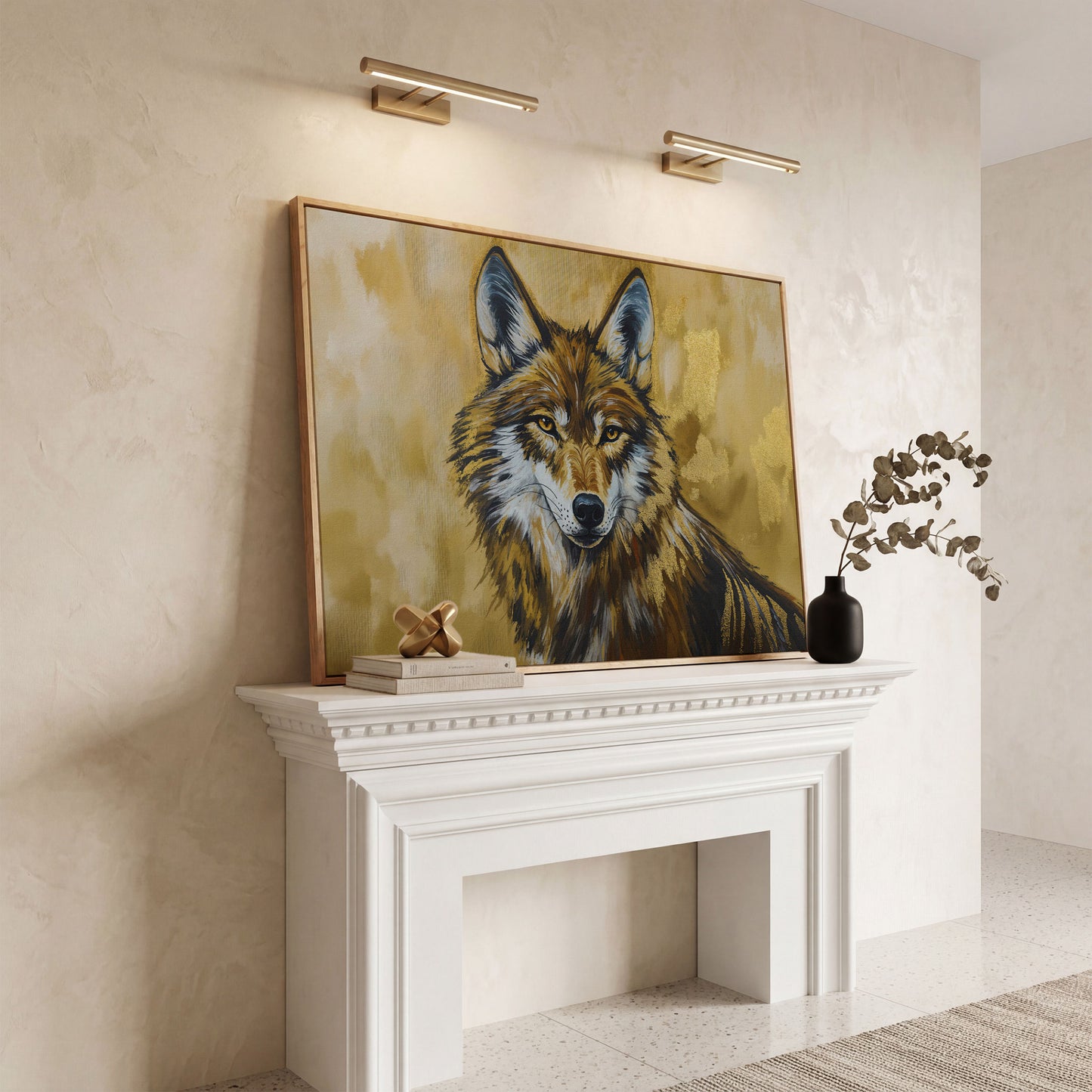 Wolf Portrait Canvas Wall Art, Large Wildlife Print for Bold Interiors in white oak floating frame