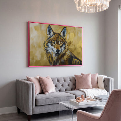 Wolf Portrait Canvas Wall Art, Large Wildlife Print for Bold Interiors in pink floating frame