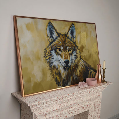 Wolf Portrait Canvas Wall Art, Large Wildlife Print for Bold Interiors in rose gold floating frame