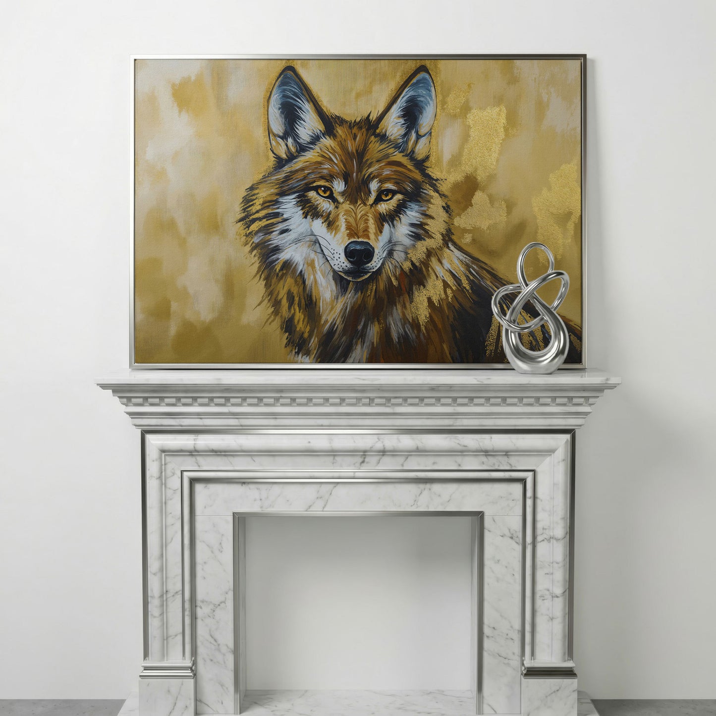 Wolf Portrait Canvas Wall Art, Large Wildlife Print for Bold Interiors in silver floating frame
