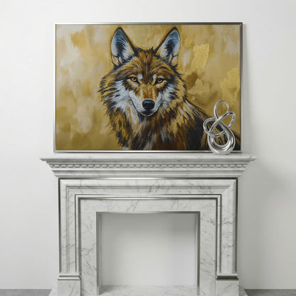 Wolf Portrait Canvas Wall Art, Large Wildlife Print for Bold Interiors in silver floating frame