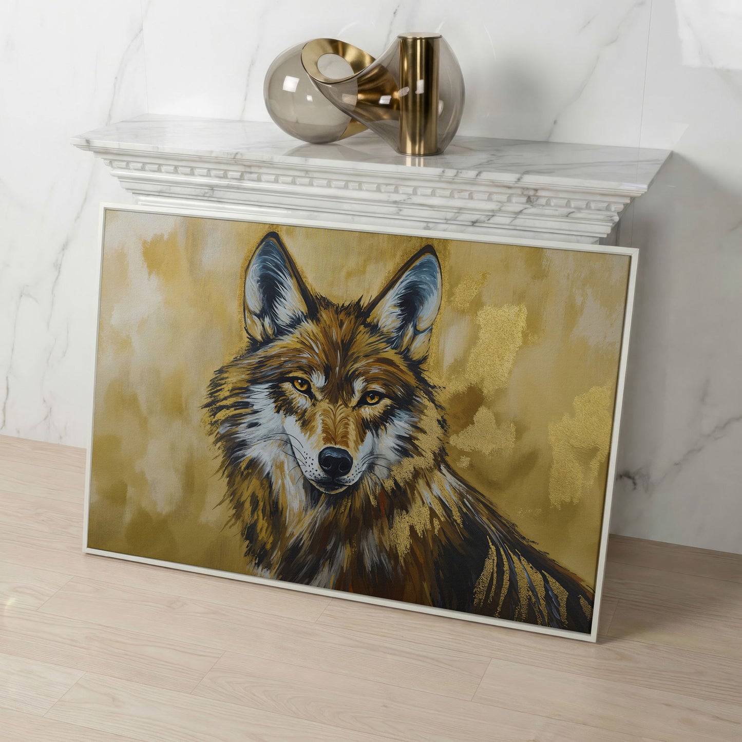 Wolf Portrait Canvas Wall Art, Large Wildlife Print for Bold Interiors in white floating frame