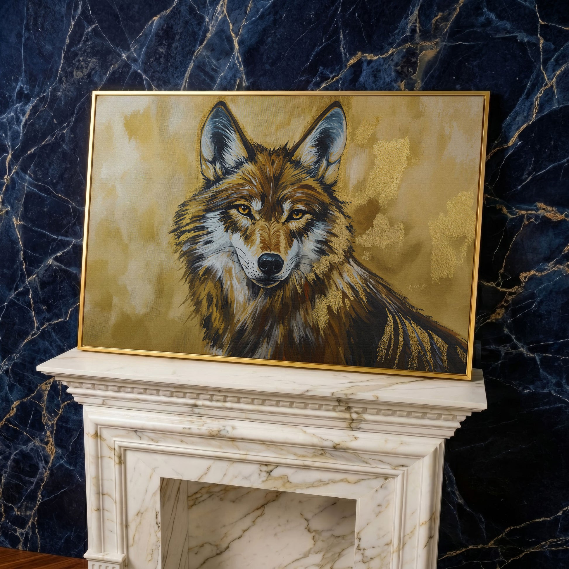 Wolf Portrait Canvas Wall Art, Large Wildlife Print for Bold Interiors in yellow gold floating frame