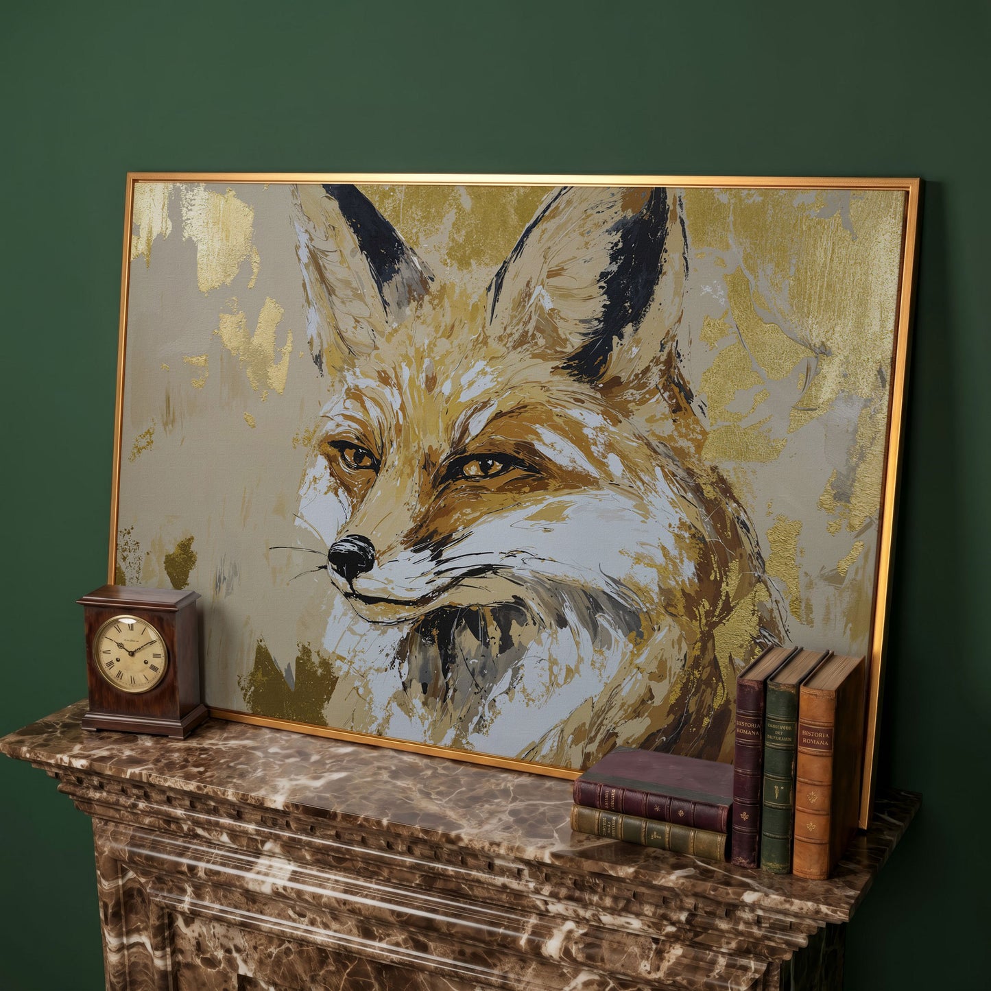 Fox Portrait Canvas Wall Art in antique gold floating frame