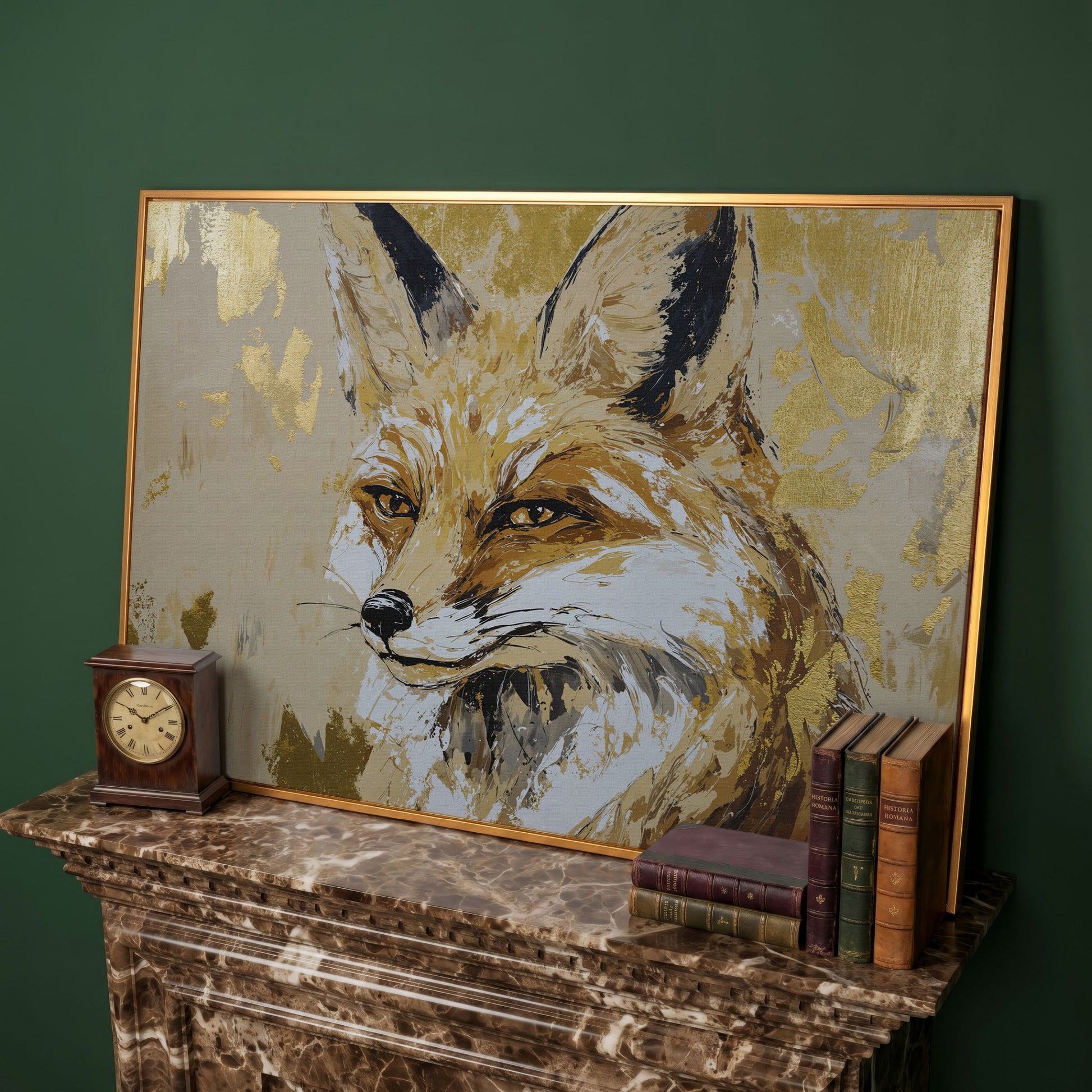 Fox Portrait Canvas Wall Art in antique gold floating frame