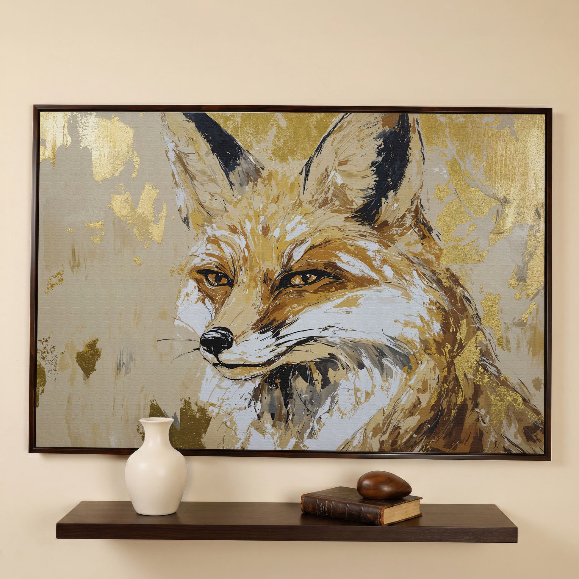 Fox Portrait Canvas Wall Art in dark walnut floating frame