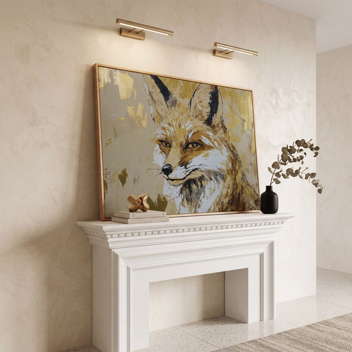 Fox Portrait Canvas Wall Art in white oak floating frame