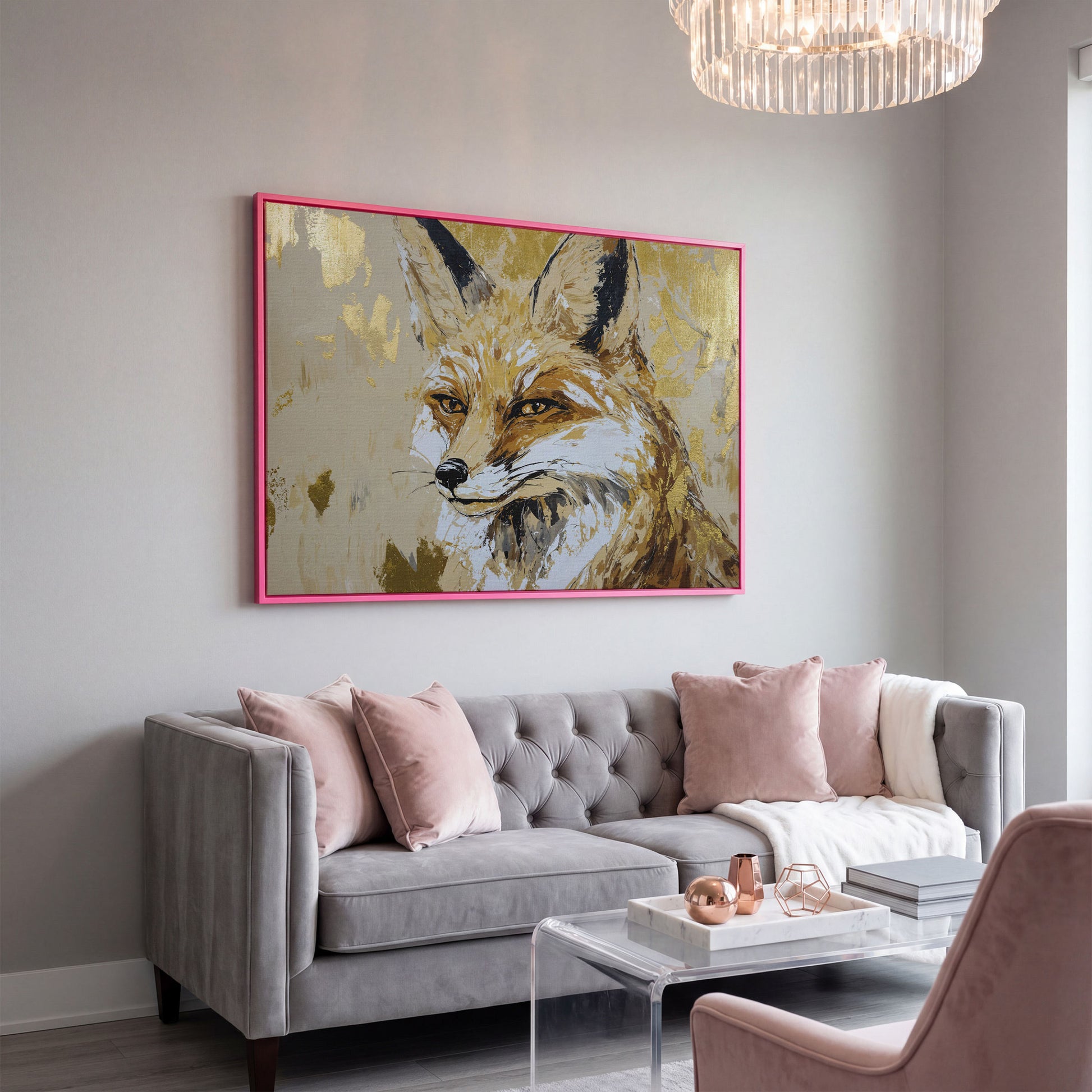 Fox Portrait Canvas Wall Art in pink floating frame