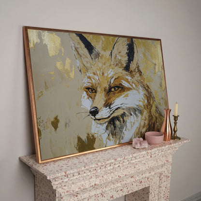 Fox Portrait Canvas Wall Art in rose gold floating frame
