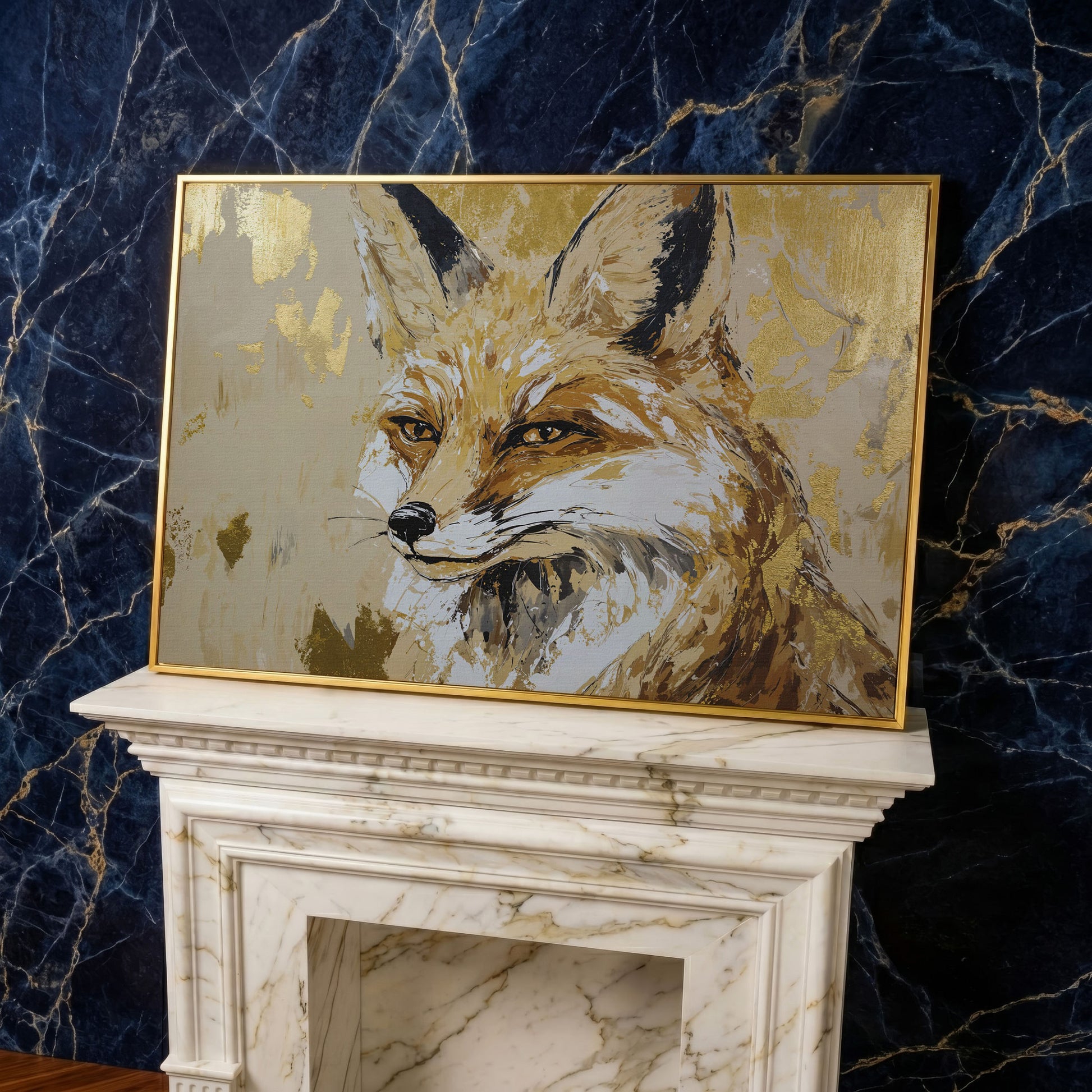 Fox Portrait Canvas Wall Art in yellow gold floating frame