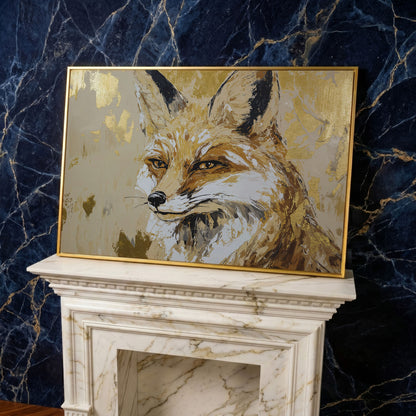 Fox Portrait Canvas Wall Art in yellow gold floating frame