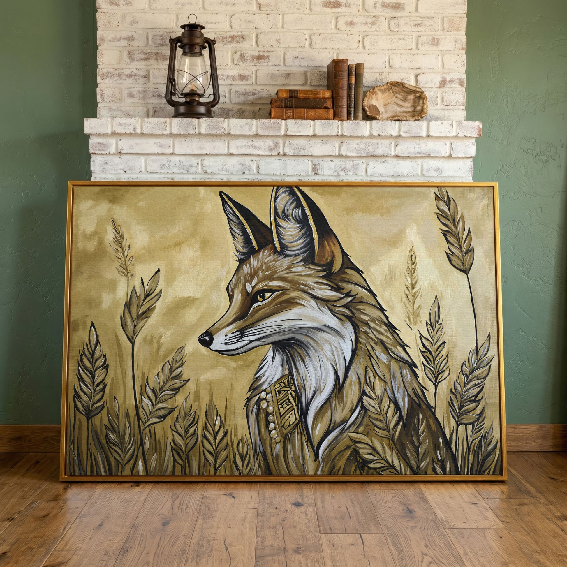 Fox in a Wheat Field, Ornate Collar, Stylized Nature Canvas Art in antique gold floating frame