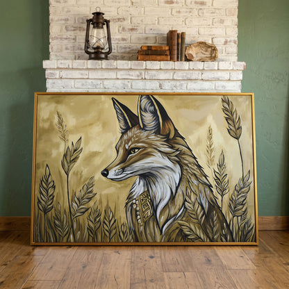 Fox in a Wheat Field, Ornate Collar, Stylized Nature Canvas Art in antique gold floating frame