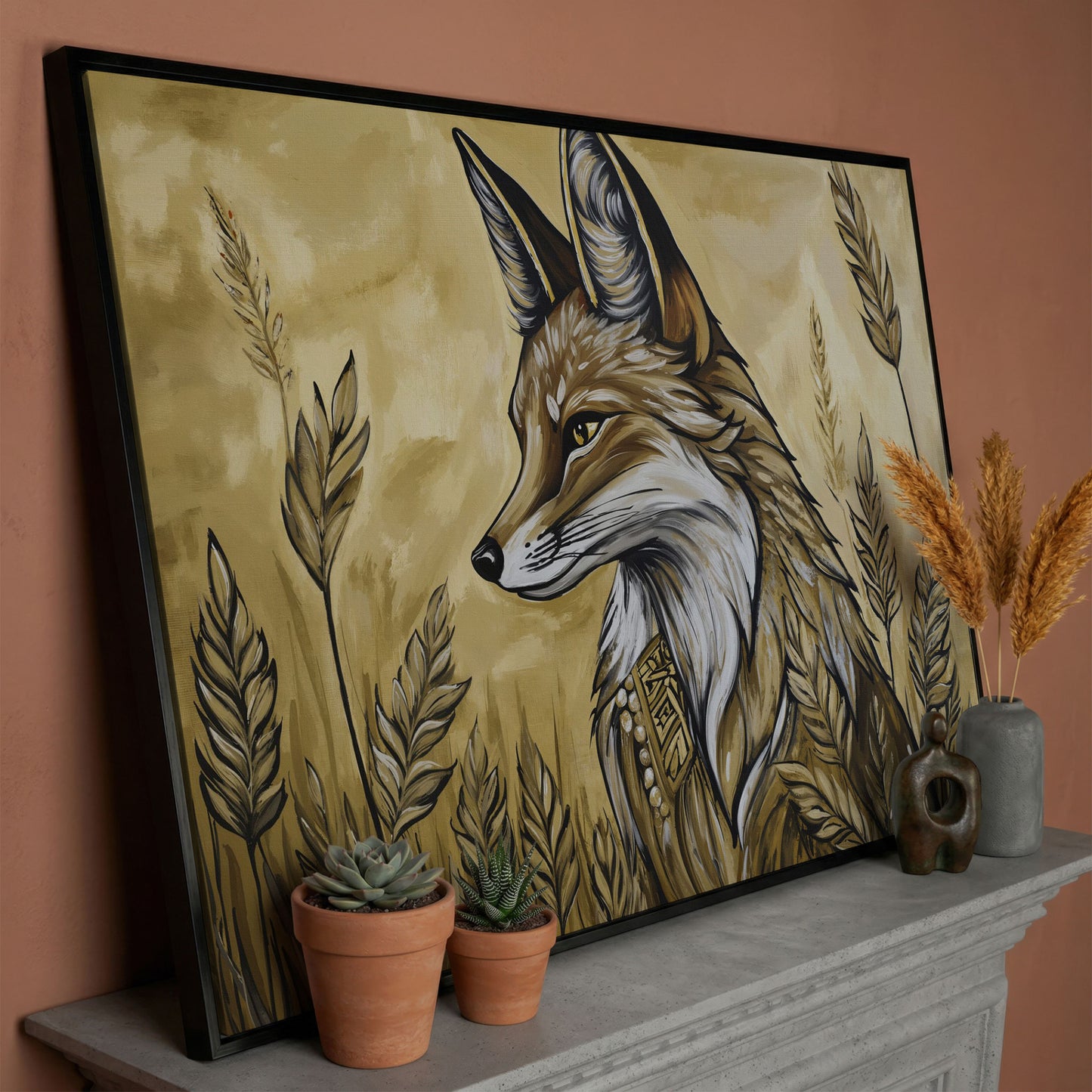 Fox in a Wheat Field, Ornate Collar, Stylized Nature Canvas Art in black floating frame