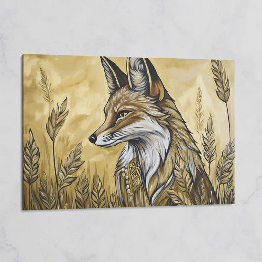 Fox in a Wheat Field, Ornate Collar, Stylized Nature Canvas Art on gallery wrap