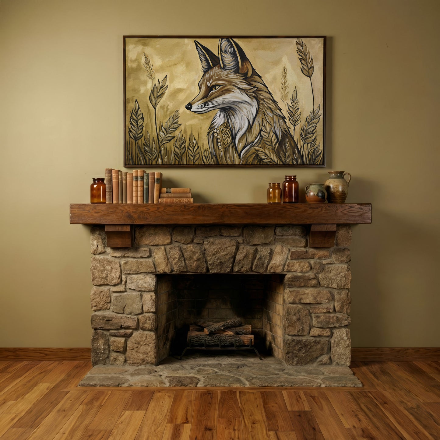 Fox in a Wheat Field, Ornate Collar, Stylized Nature Canvas Art in dark walnut floating frame