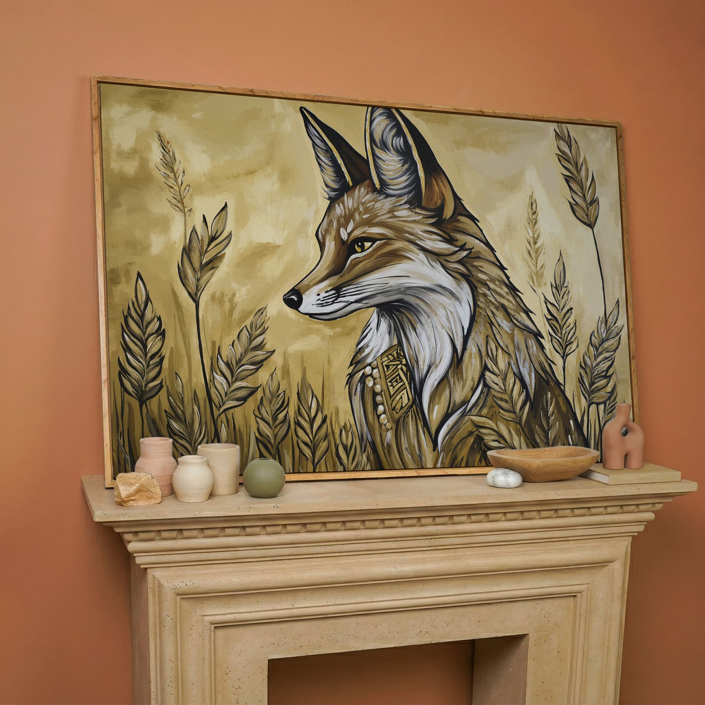Fox in a Wheat Field, Ornate Collar, Stylized Nature Canvas Art in white oak floating frame