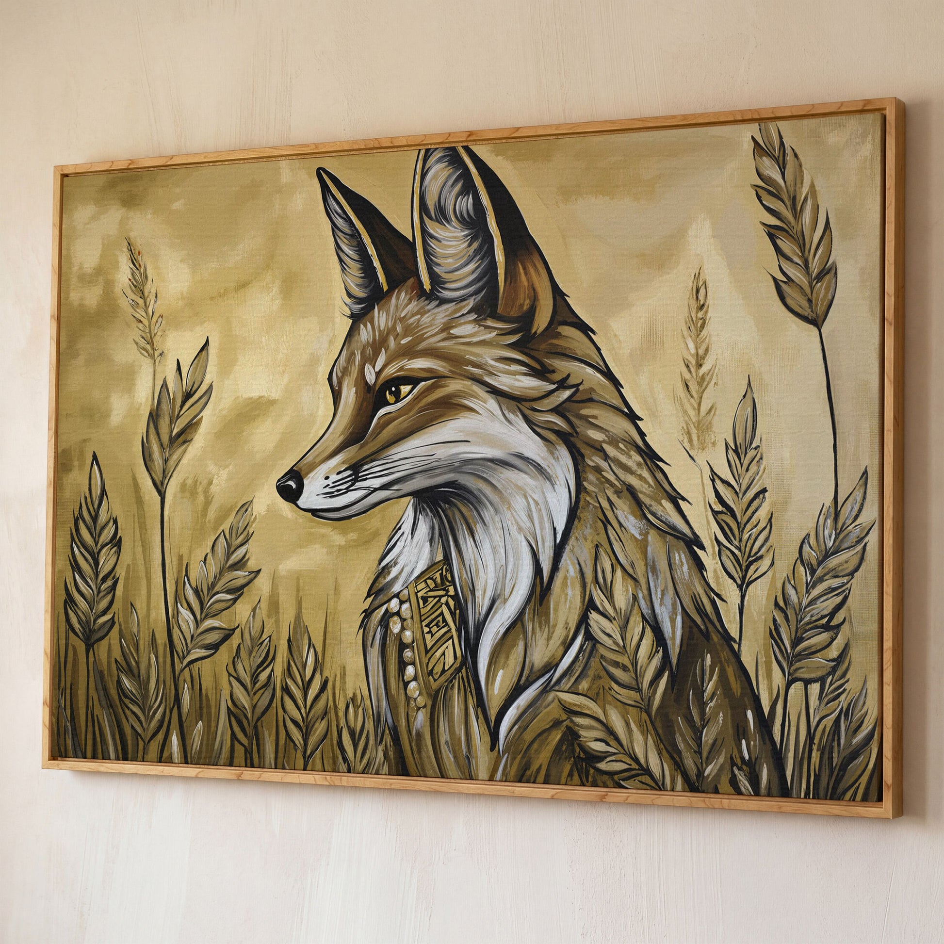 Fox in a Wheat Field, Ornate Collar, Stylized Nature Canvas Art shown in white oak floating frame