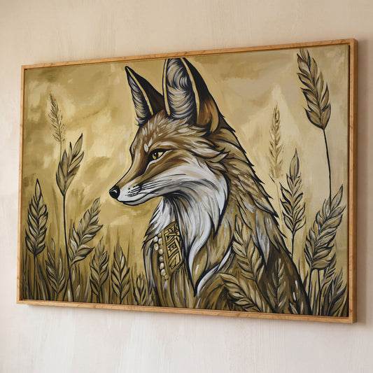 Fox in a Wheat Field, Ornate Collar, Stylized Nature Canvas Art shown in white oak floating frame