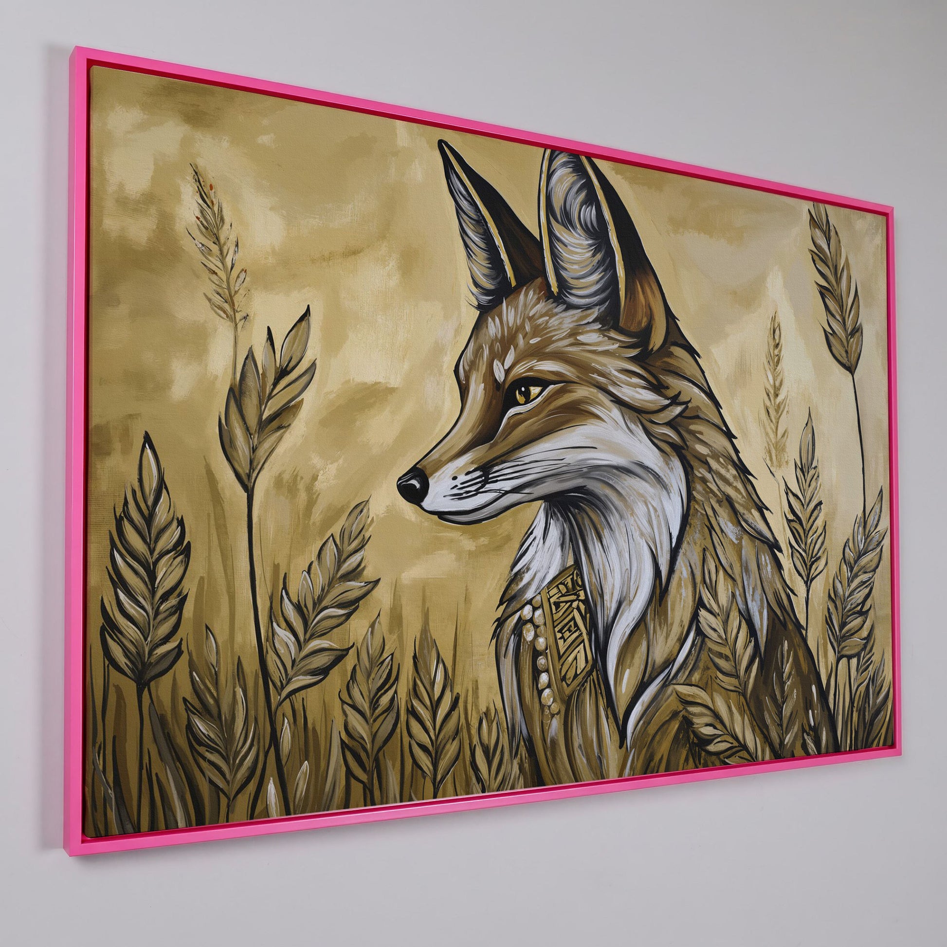 Fox in a Wheat Field, Ornate Collar, Stylized Nature Canvas Art in pink floating frame