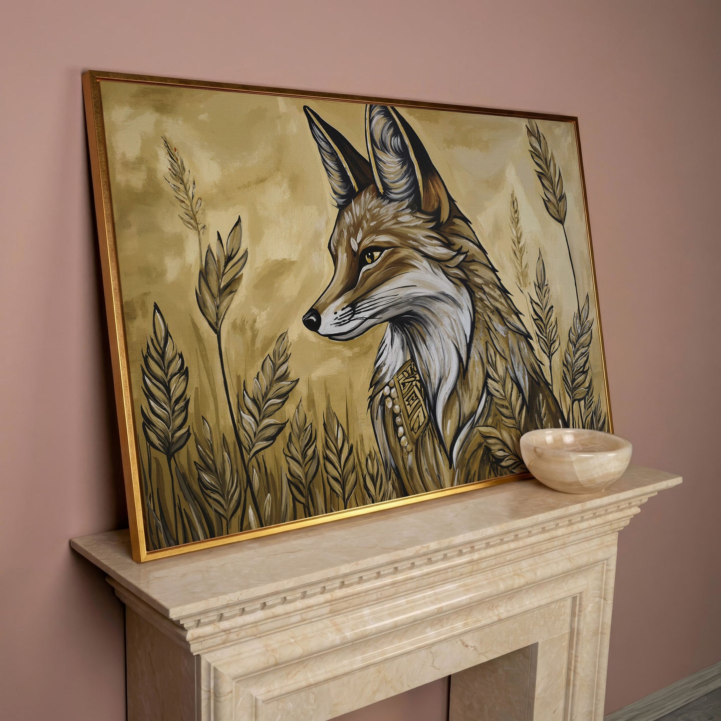 Fox in a Wheat Field, Ornate Collar, Stylized Nature Canvas Art in rose gold floating frame