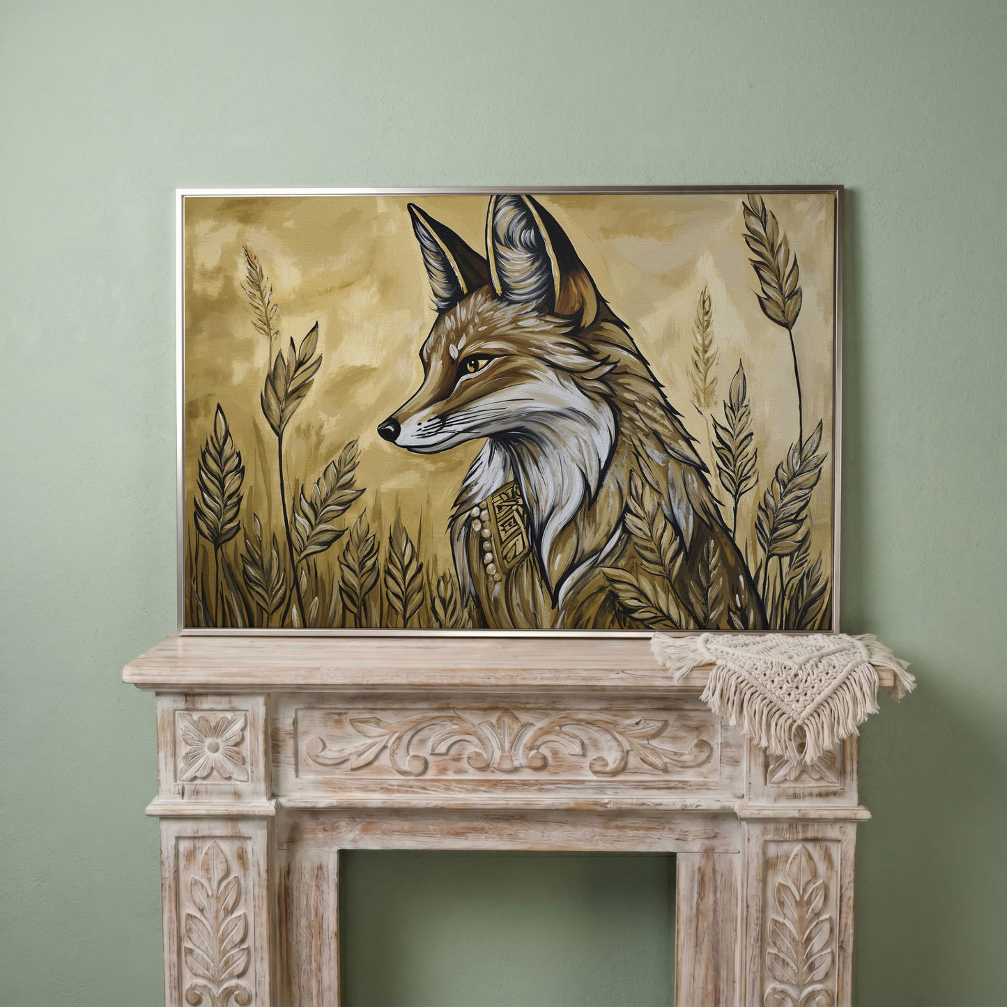 Fox in a Wheat Field, Ornate Collar, Stylized Nature Canvas Art in silver floating frame
