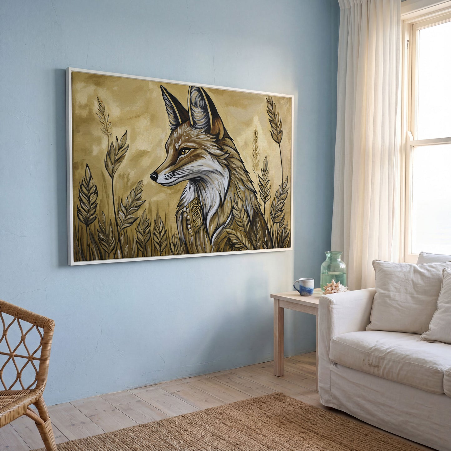 Fox in a Wheat Field, Ornate Collar, Stylized Nature Canvas Art in white floating frame