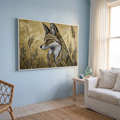 Fox in a Wheat Field, Ornate Collar, Stylized Nature Canvas Art in white floating frame