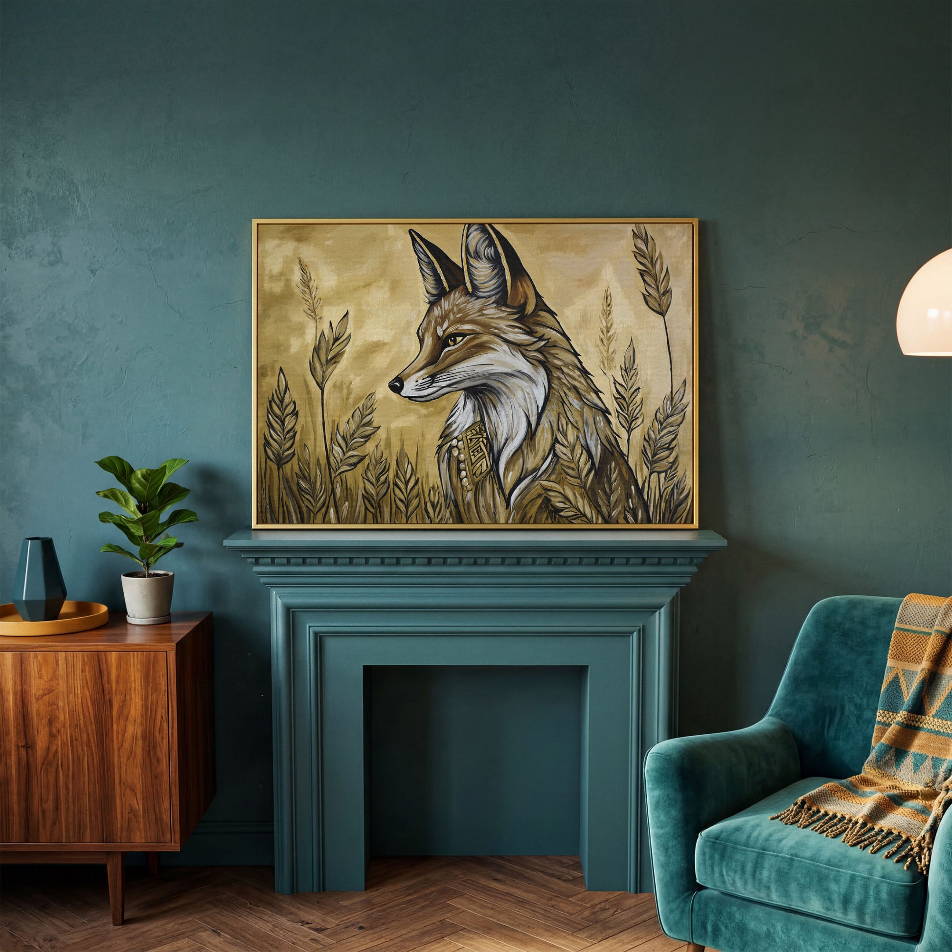 Fox in a Wheat Field, Ornate Collar, Stylized Nature Canvas Art in yellow gold floating frame