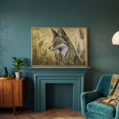 Fox in a Wheat Field, Ornate Collar, Stylized Nature Canvas Art in yellow gold floating frame