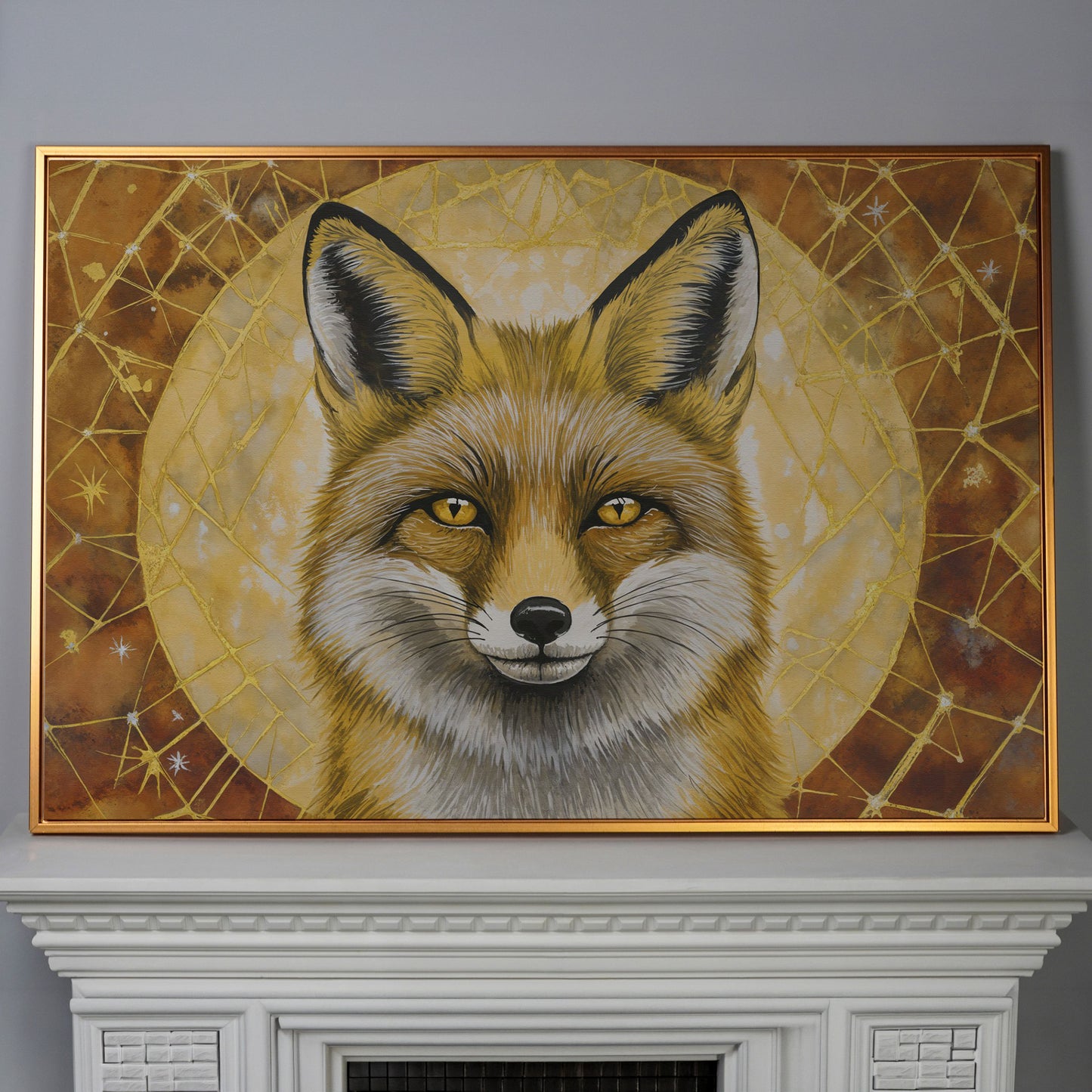 Fox Portrait Canvas Wall Art, Wildlife Close-Up Print in antique gold floating frame