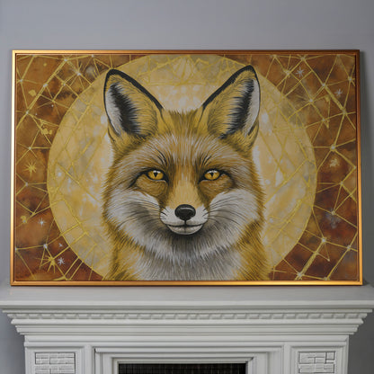 Fox Portrait Canvas Wall Art, Wildlife Close-Up Print in antique gold floating frame