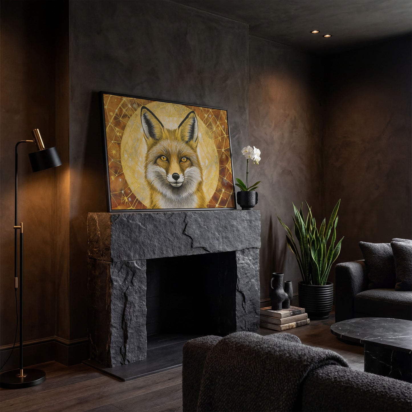Fox Portrait Canvas Wall Art, Wildlife Close-Up Print in black floating frame