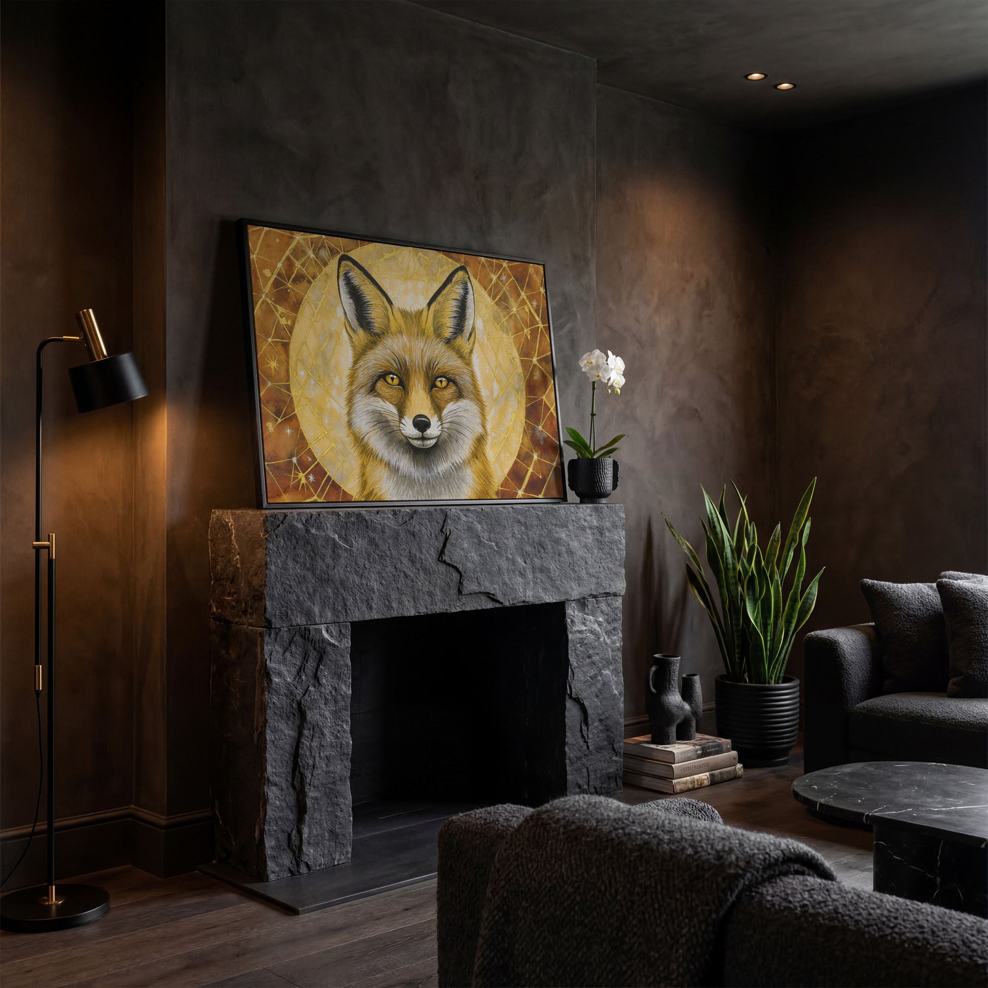 Fox Portrait Canvas Wall Art, Wildlife Close-Up Print in black floating frame