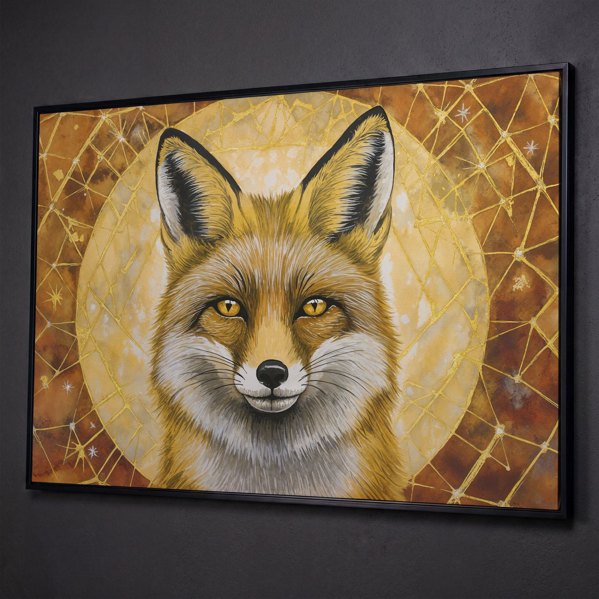 Fox Portrait Canvas Wall Art, Wildlife Close-Up Print shown in black floating frame