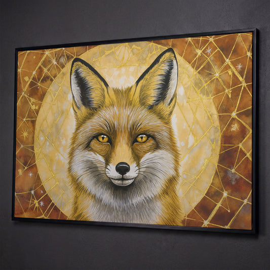 Fox Portrait Canvas Wall Art, Wildlife Close-Up Print shown in black floating frame