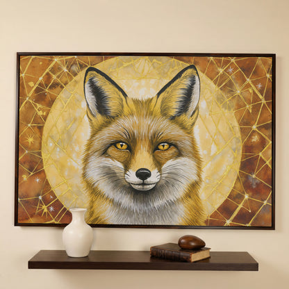 Fox Portrait Canvas Wall Art, Wildlife Close-Up Print in dark walnut floating frame
