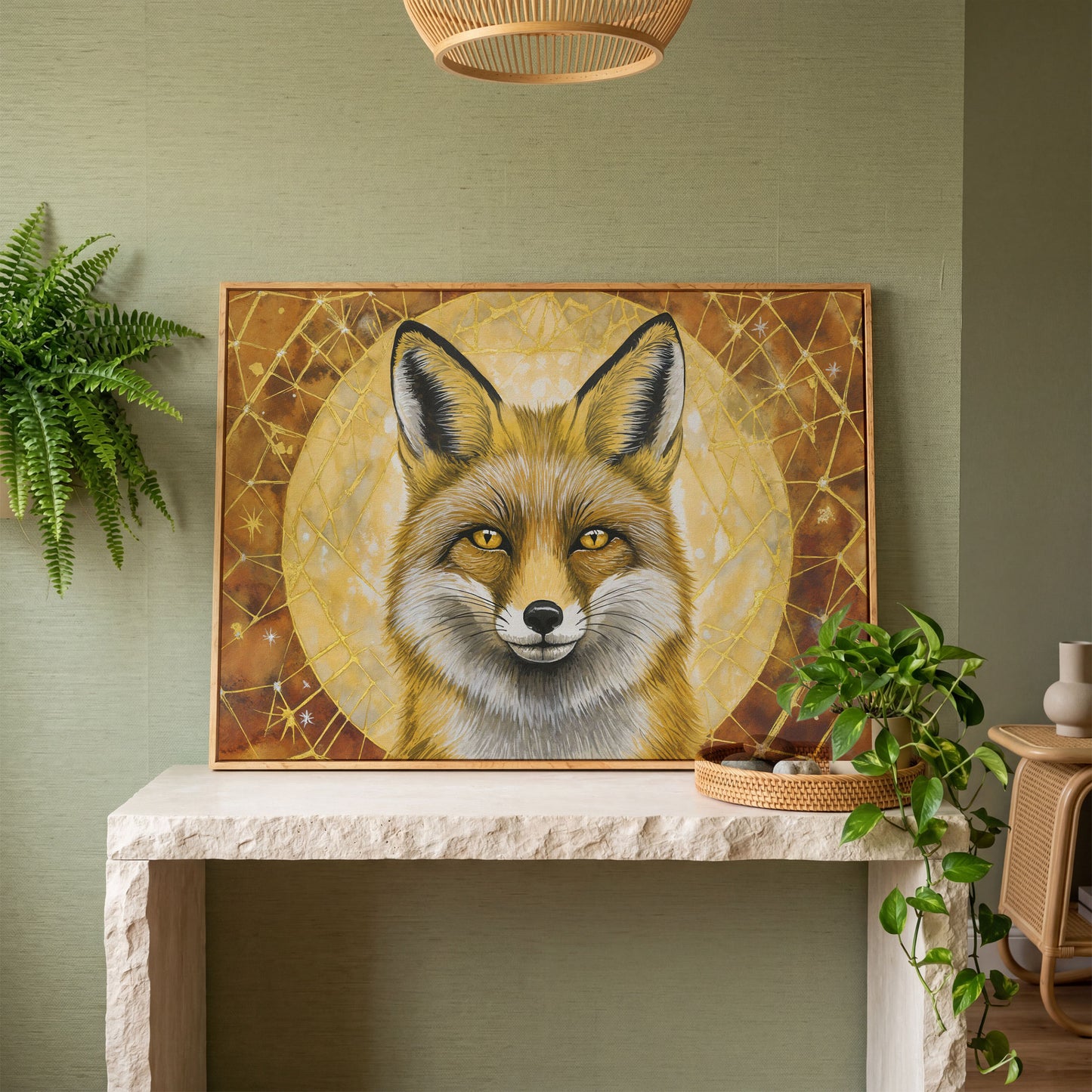 Fox Portrait Canvas Wall Art, Wildlife Close-Up Print in white oak floating frame